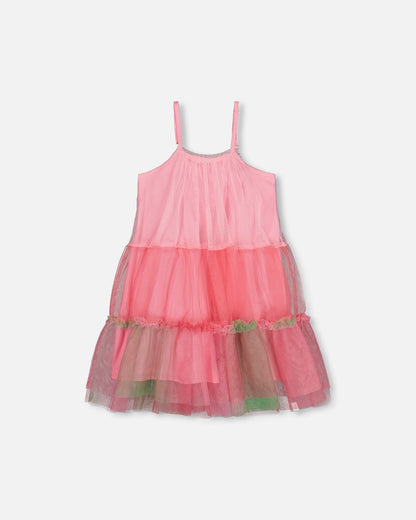 Sleeveless Color Block Tulle Dress Pink And Green-0