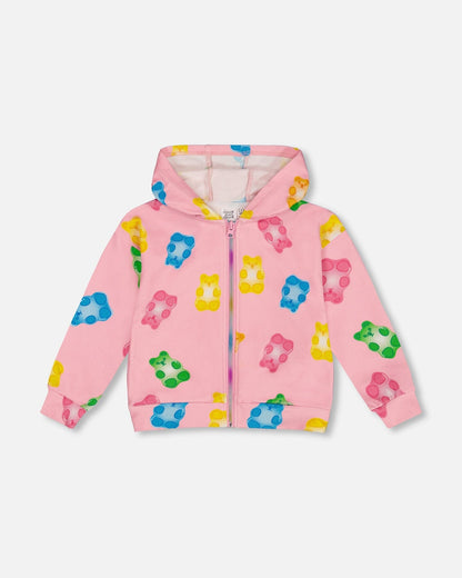 Printed French Terry Hoodie Cardigan Pink Multicolored Gummies-0