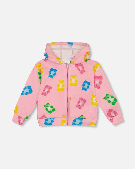 Printed French Terry Hoodie Cardigan Pink Multicolored Gummies-0