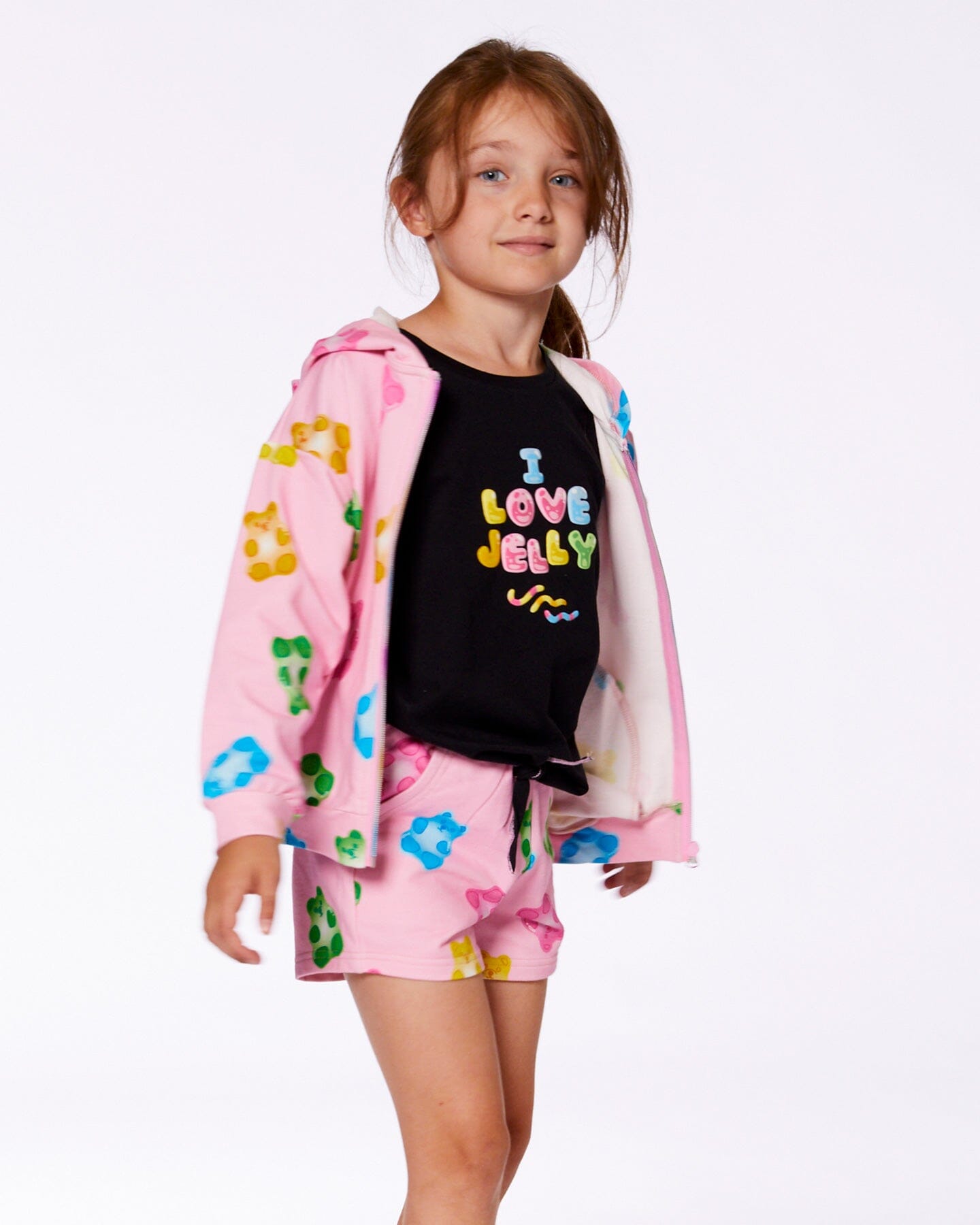 Printed French Terry Hoodie Cardigan Pink Multicolored Gummies-3