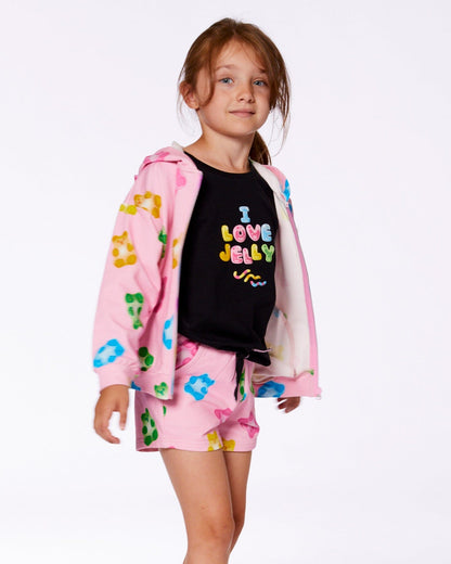 Printed French Terry Hoodie Cardigan Pink Multicolored Gummies-3