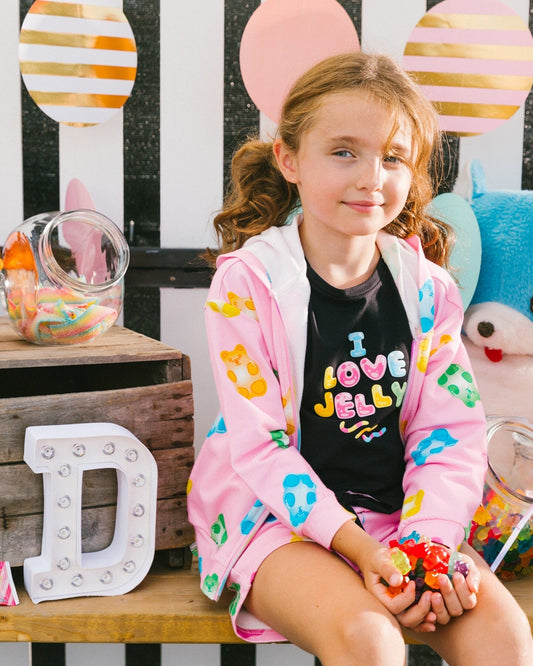 Printed French Terry Hoodie Cardigan Pink Multicolored Gummies-1