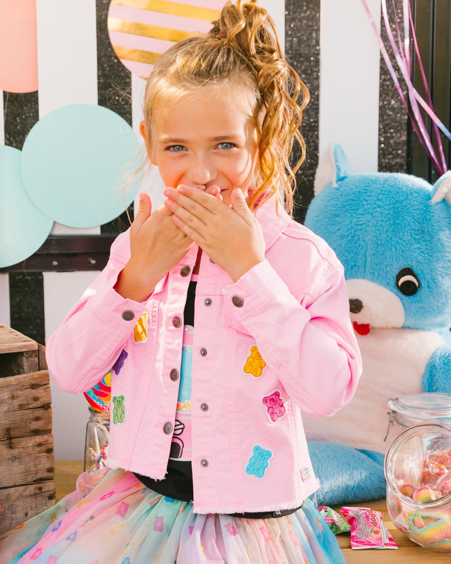 Jean Jacket With Embroidery Pink And Multicolored Gummies-1