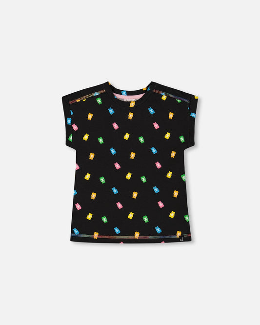 Rolled Sleeve Tee With Print Black And Multicolored Gummies-0