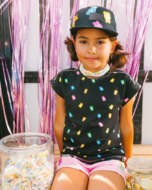 Rolled Sleeve Tee With Print Black And Multicolored Gummies-1