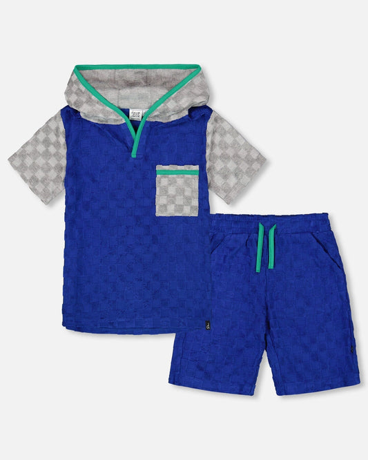 Printed Hooded Terry Top And Shorts Set Blue And Gray-0