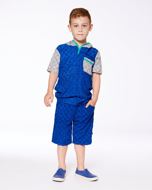 Printed Hooded Terry Top And Shorts Set Blue And Gray-1