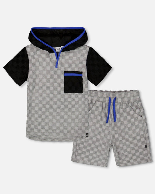 Printed Hooded Terry Top And Shorts Set Gray And Black-0