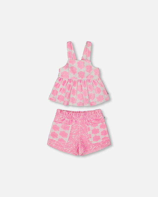Printed Terry Tank Top And Shorts Set Vibrant Pink And White-0