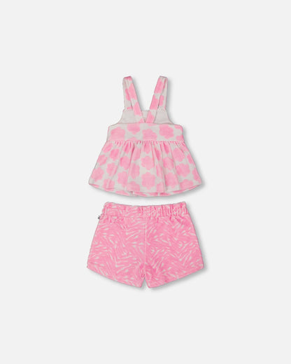 Printed Terry Tank Top And Shorts Set Vibrant Pink And White-2