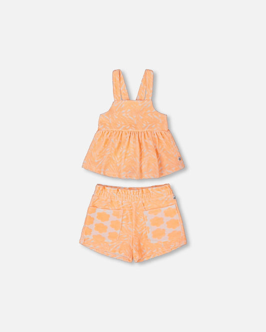 Printed Terry Tank Top And Shorts Set Vibrant Orange And White-0