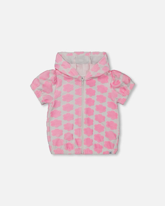 Printed Terry Short Sleeve Hoodie Cardigan Vibrant Pink And White-0