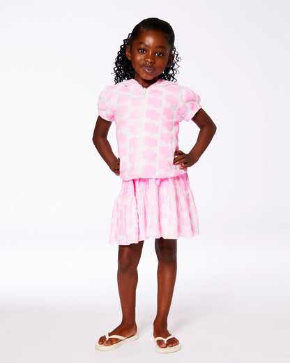 Printed Terry Short Sleeve Hoodie Cardigan Vibrant Pink And White-1