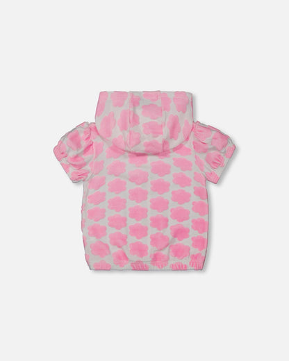 Printed Terry Short Sleeve Hoodie Cardigan Vibrant Pink And White-2