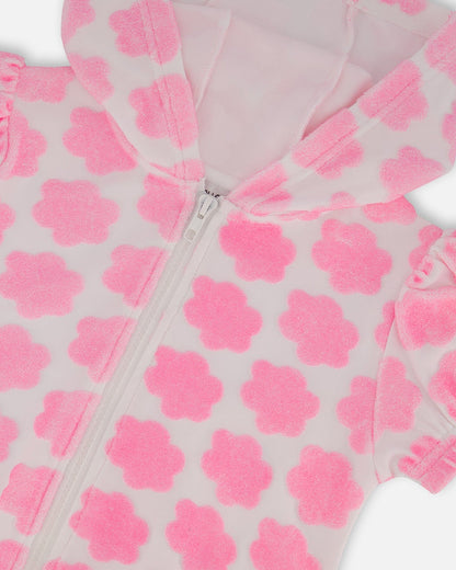Printed Terry Short Sleeve Hoodie Cardigan Vibrant Pink And White-3