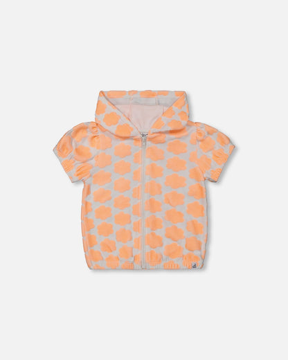 Printed Terry Short Sleeve Hoodie Cardigan Vibrant Orange And White-0