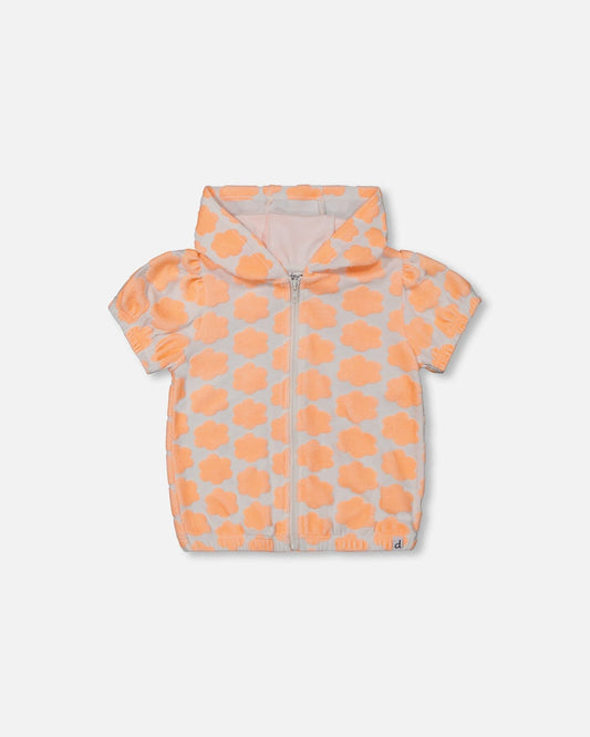 Printed Terry Short Sleeve Hoodie Cardigan Vibrant Orange And White-0