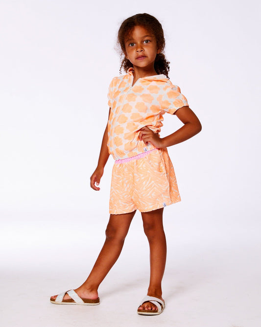 Printed Terry Short Sleeve Hoodie Cardigan Vibrant Orange And White-1