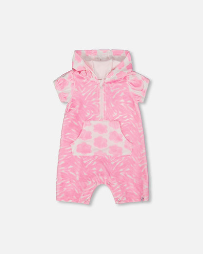 Printed Terry Romper With Hood Vibrant Pink And White-0