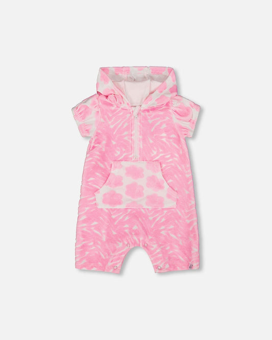 Printed Terry Romper With Hood Vibrant Pink And White-0