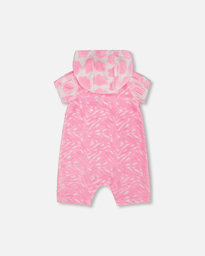 Printed Terry Romper With Hood Vibrant Pink And White-1