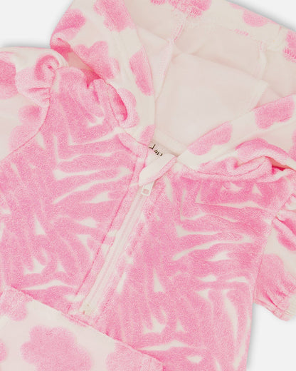 Printed Terry Romper With Hood Vibrant Pink And White-2