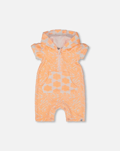 Printed Terry Romper With Hood Vibrant Orange And White-0