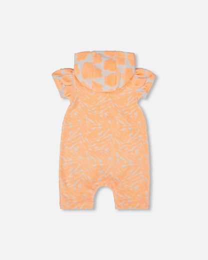 Printed Terry Romper With Hood Vibrant Orange And White-1