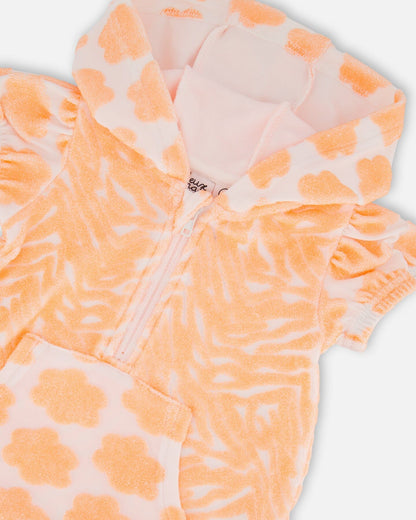 Printed Terry Romper With Hood Vibrant Orange And White-2