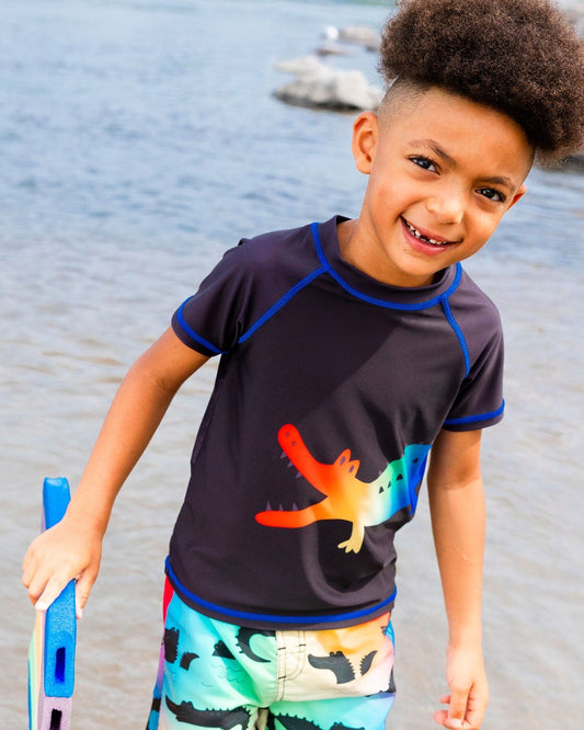 Short Sleeve Rashguard Black And Multicolored Crocodiles-1
