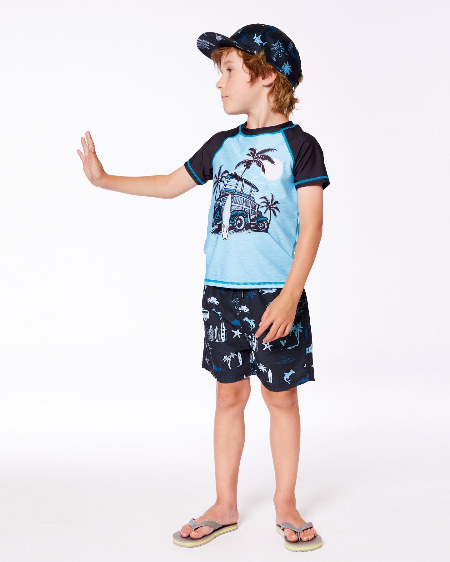 Printed Swim Trunks Light Blue Beach On Black-2