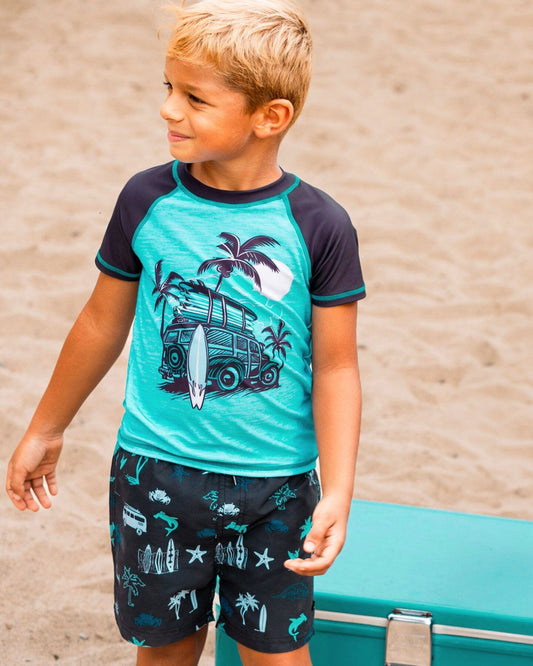 Printed Swim Trunks Light Blue Beach On Black-1
