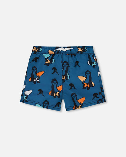 Printed Swim Trunks Orange Sloths On Navy Blue-0