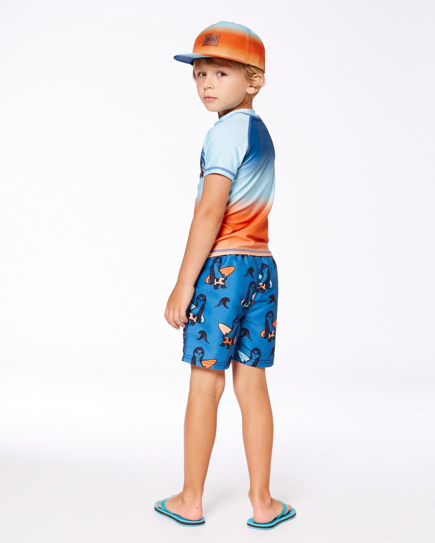 Printed Swim Trunks Orange Sloths On Navy Blue-2