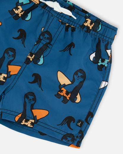Printed Swim Trunks Orange Sloths On Navy Blue-4