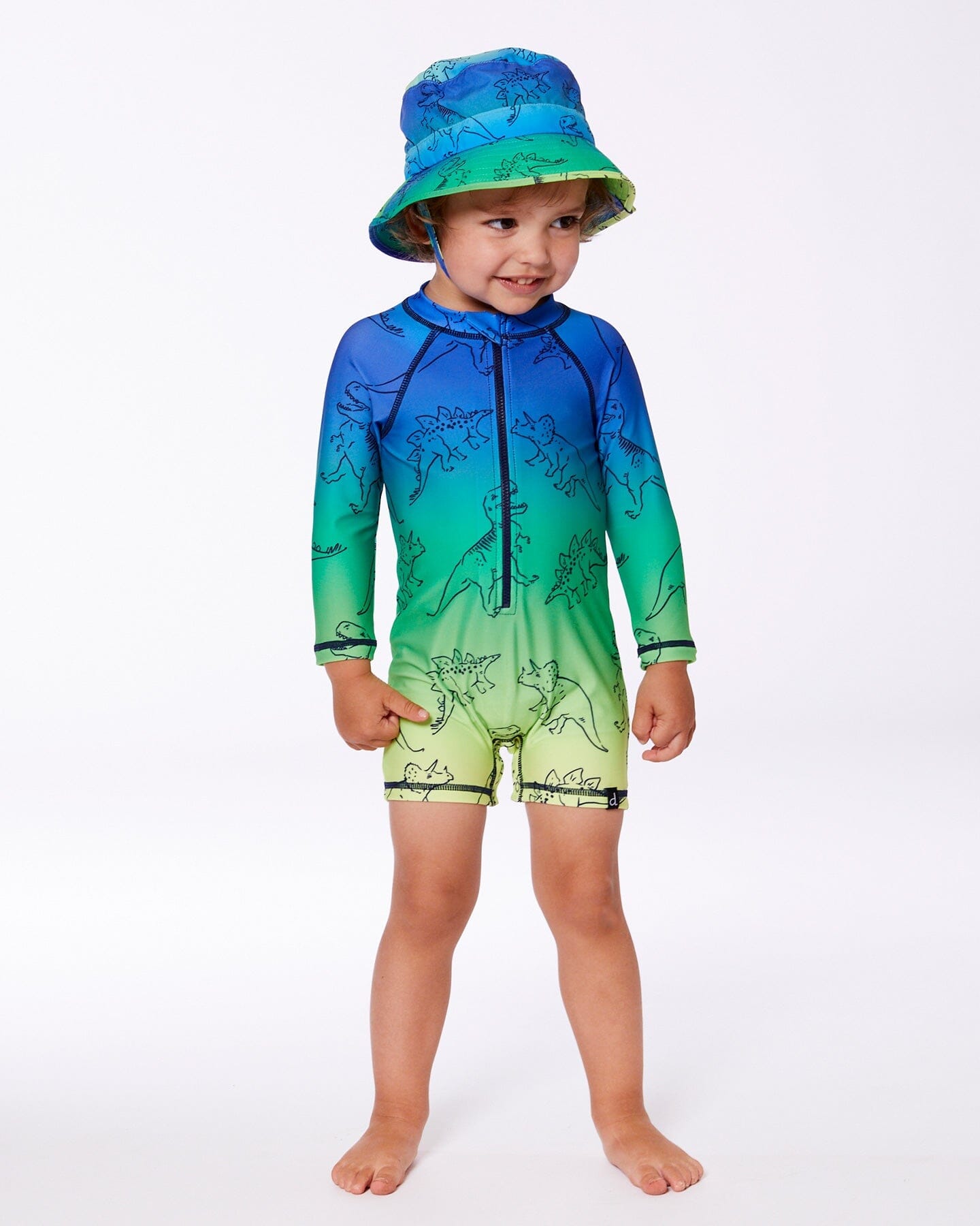 Printed Long Sleeve One-Piece Rashguard Vibrant Blue And Green Dino-2