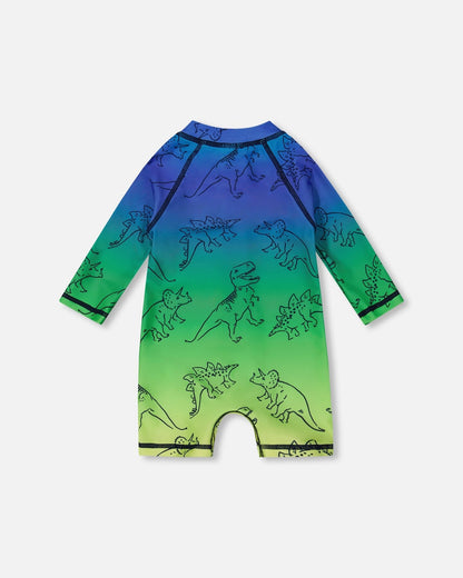 Printed Long Sleeve One-Piece Rashguard Vibrant Blue And Green Dino-3