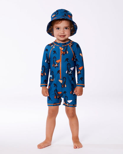 Printed Long Sleeve One-Piece Rashguard Orange Sloths On Navy Blue-2