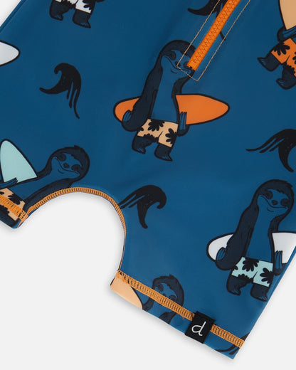 Printed Long Sleeve One-Piece Rashguard Orange Sloths On Navy Blue-4