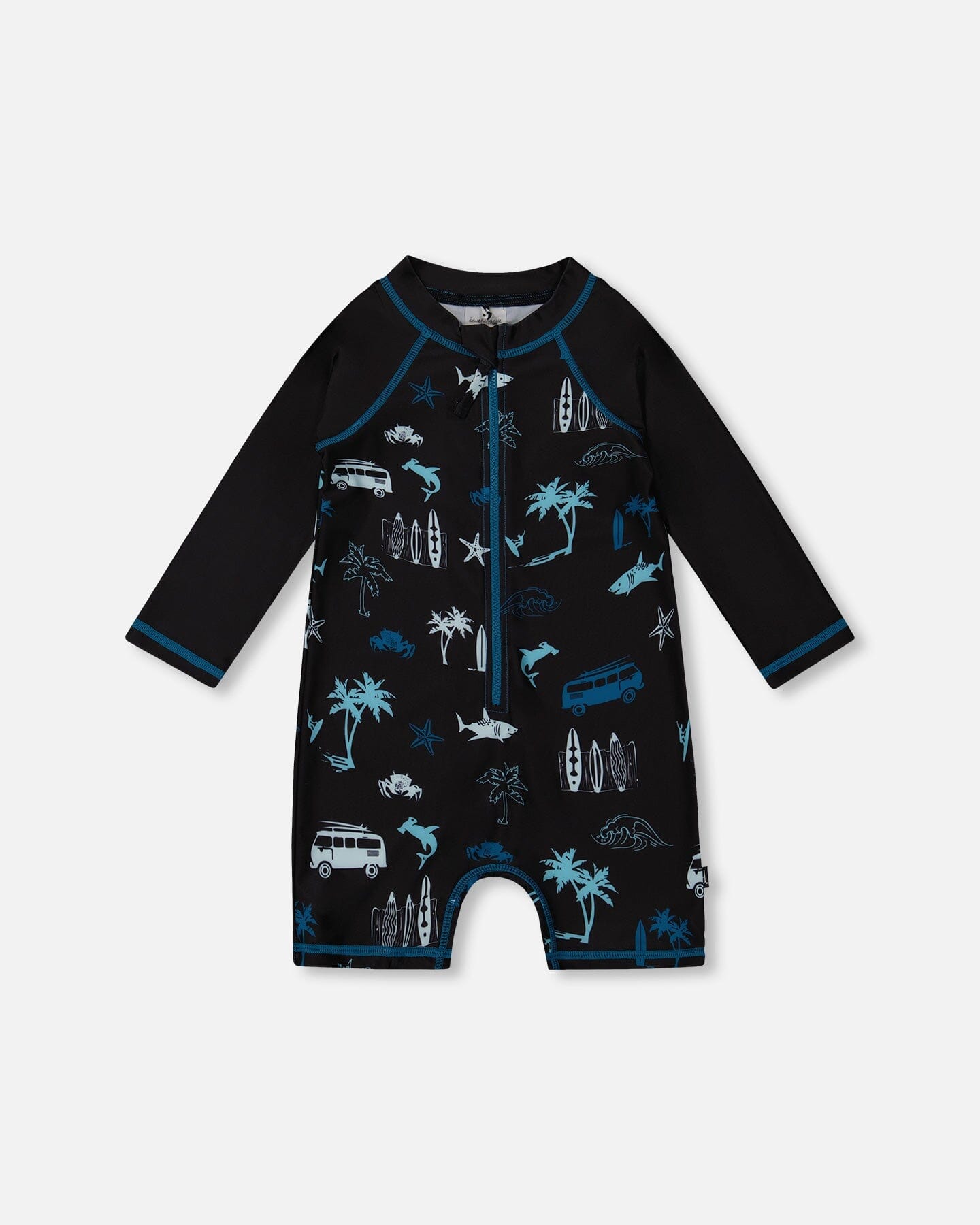 Printed Long Sleeve Rashguard Light Blue Beach On Black-0