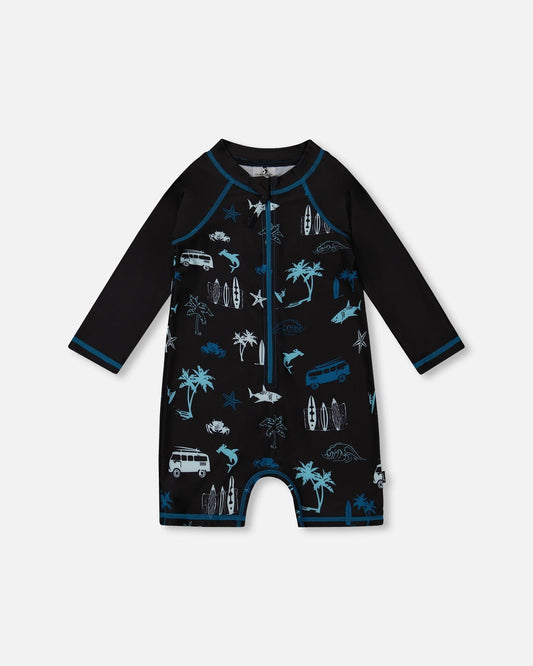 Printed Long Sleeve Rashguard Light Blue Beach On Black-0
