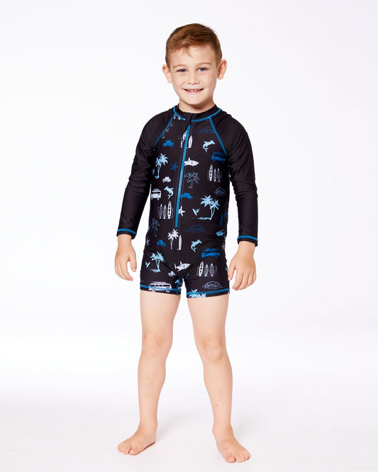 Printed Long Sleeve Rashguard Light Blue Beach On Black-1