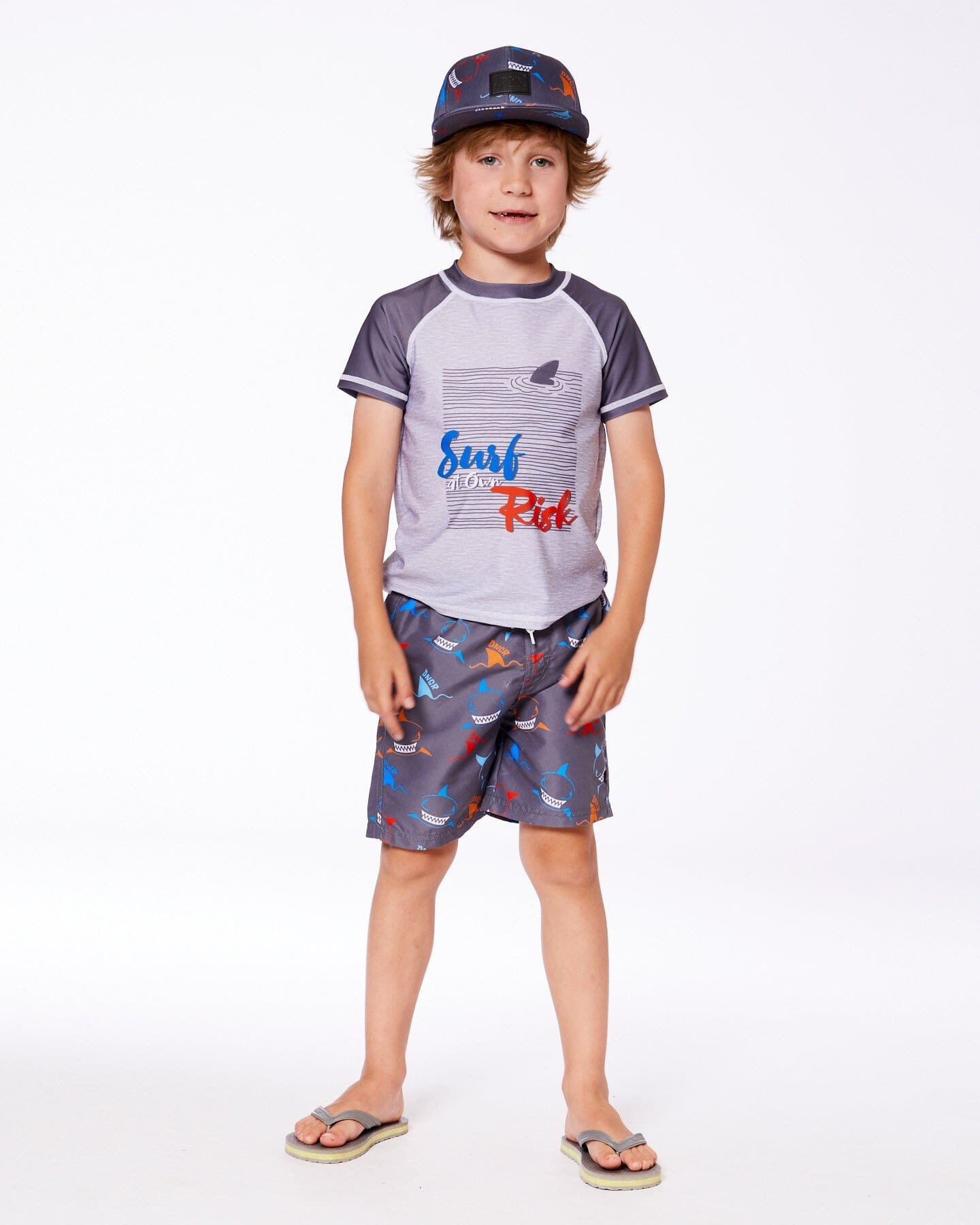Printed Boardshorts Orange, Red, And Blue Sharks On Gray-2