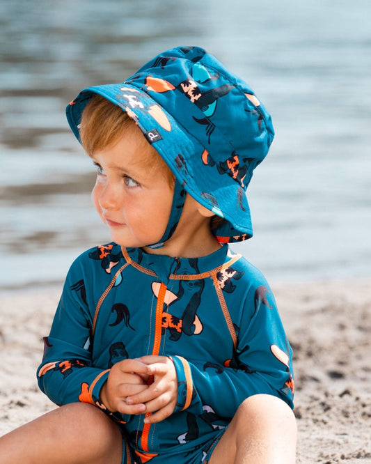 Printed Beach Hat Orange Sloths On Navy Blue-1