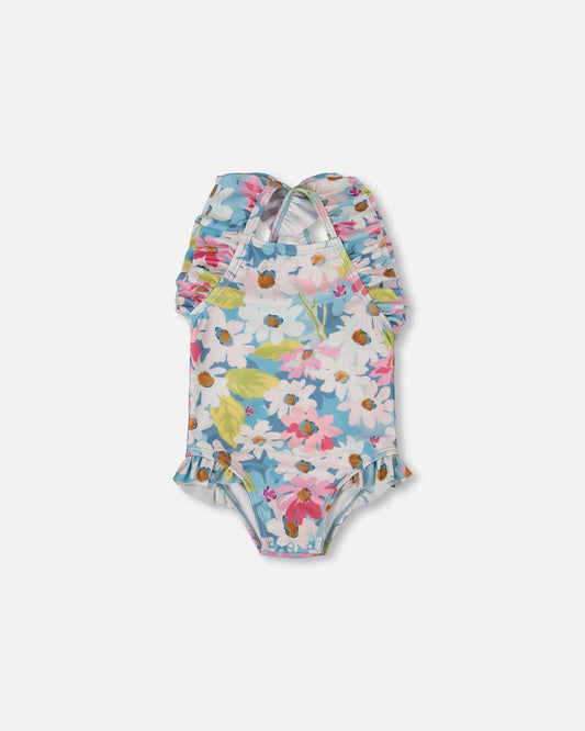 Printed One-Piece Swimsuit With Frills White, Pink, And Green Flowers-0