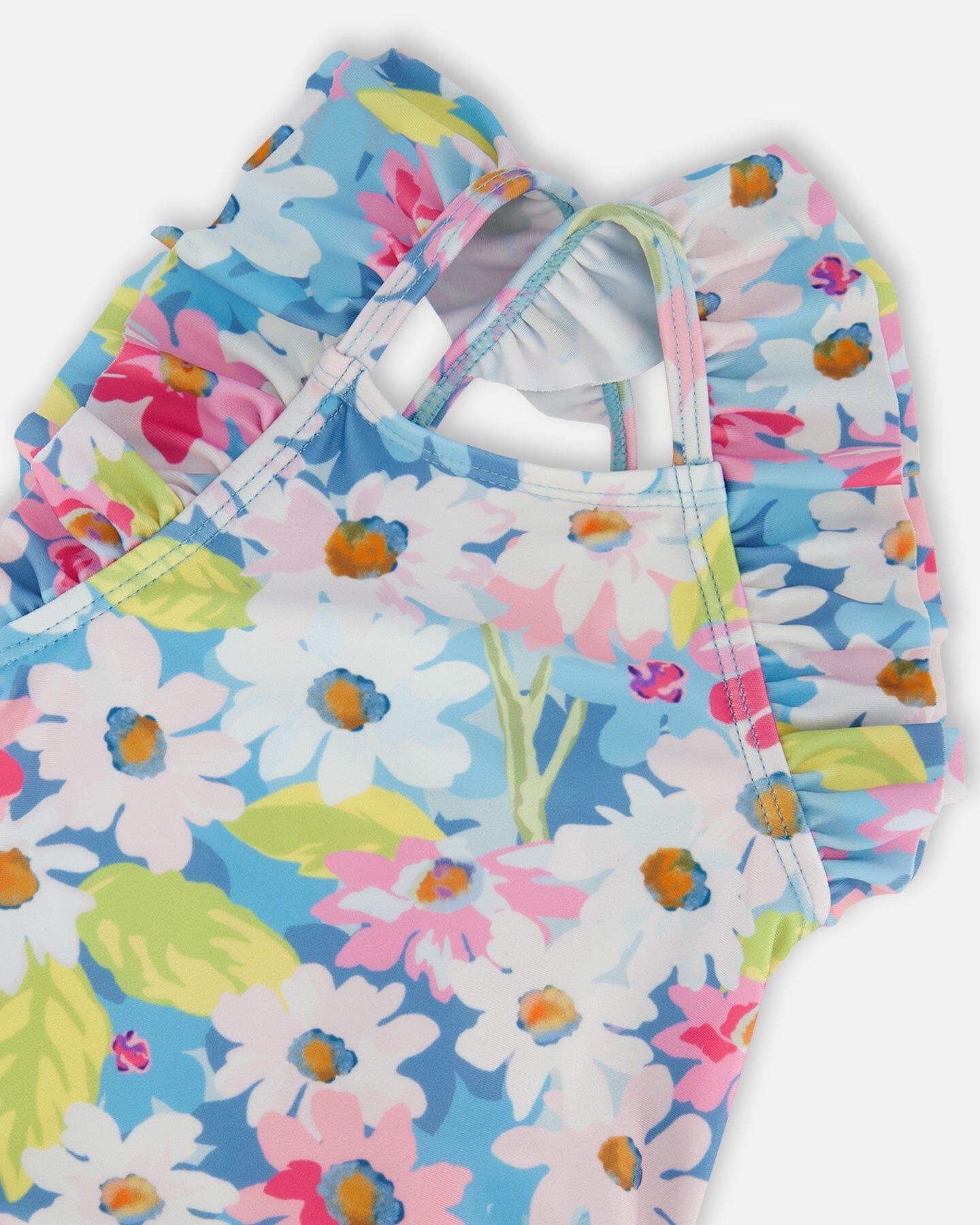 Printed One-Piece Swimsuit With Frills White, Pink, And Green Flowers-3