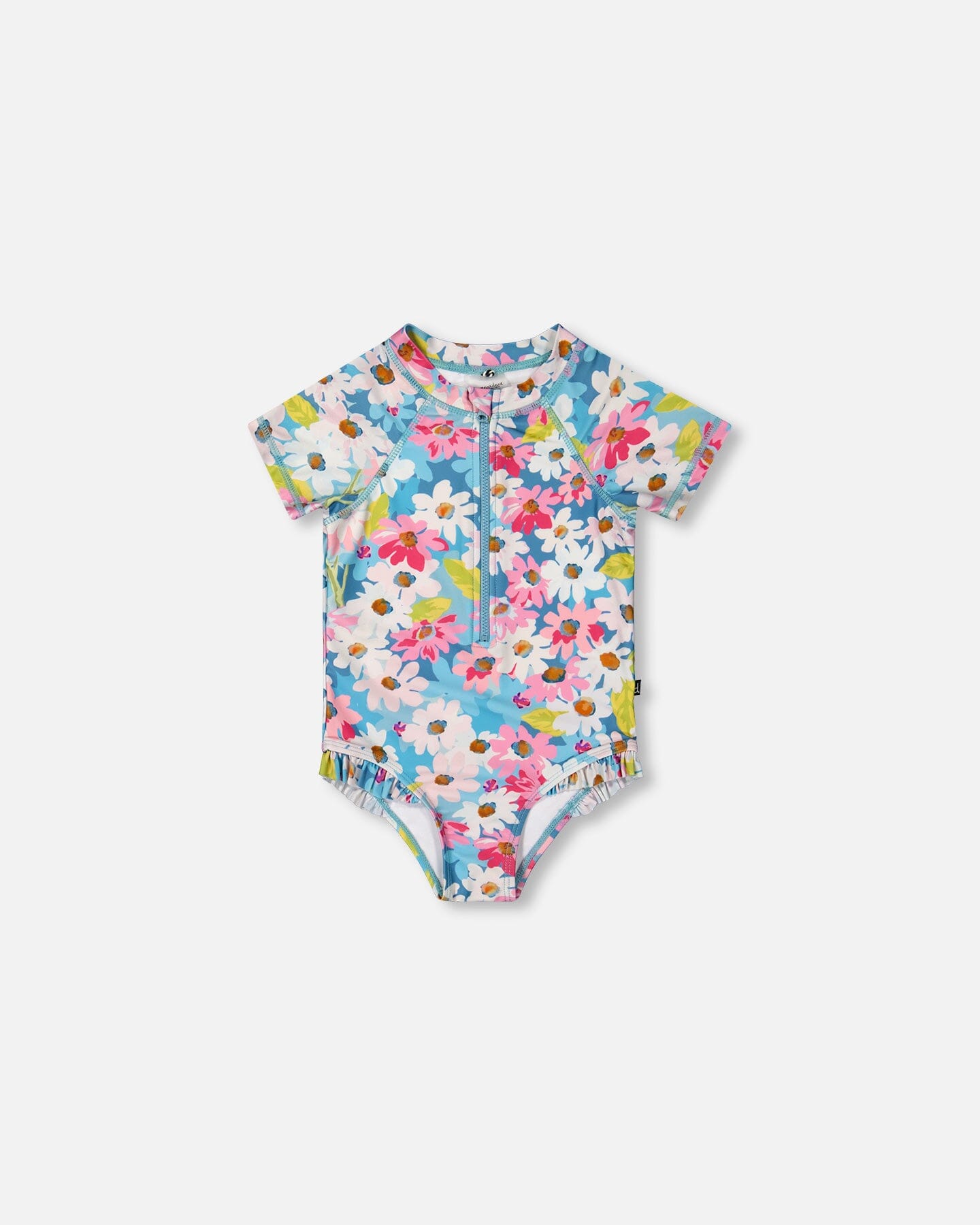 Printed Short Sleeve One-Piece Swimsuit With Frills White, Pink, And Green Flowers-0