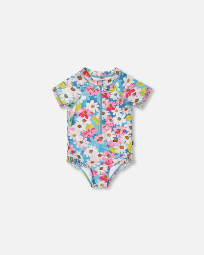 Printed Short Sleeve One-Piece Swimsuit With Frills White, Pink, And Green Flowers-0