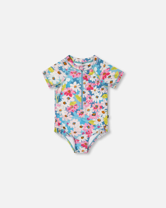Printed Short Sleeve One-Piece Swimsuit With Frills White, Pink, And Green Flowers-0