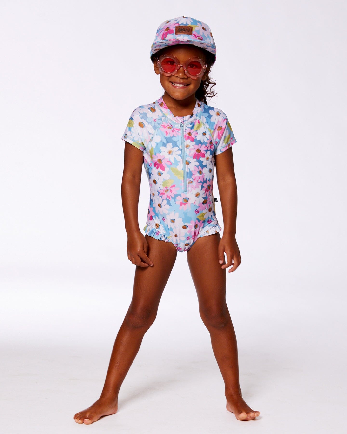 Printed Short Sleeve One-Piece Swimsuit With Frills White, Pink, And Green Flowers-3